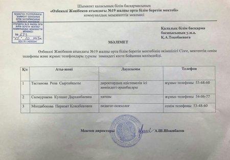 Шымкент қаласының ҚАЛАЛЫҚ БІЛІМ БАСҚАРМАСЫНА қарасты Ө.Жәнібеков атындағы №19 жалпы отра білім беретін мектебінің  сенім телефоны және жұмыс телефондары